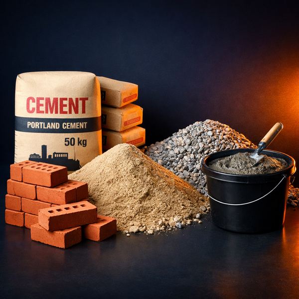 Materiais básicos: cimento, areia, brita e tijolos